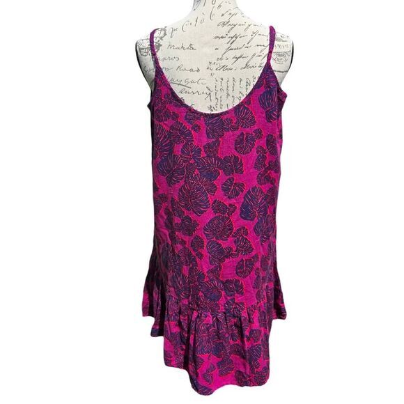 Loft Linen Blend Dress Fuchsia Leaf Print Ruffle Hem Medium - Picture 9 of 9
